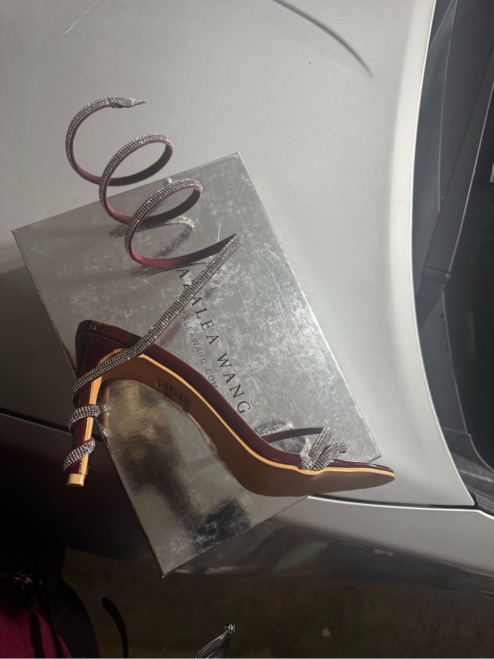 Spiral Rhinestone Strappy Heels in Burgundy - Picture 2 of 4